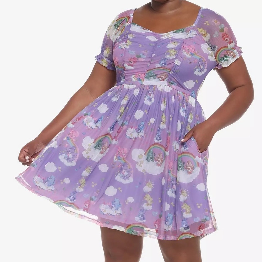 Care Bears Purple Mesh Mini Dress Plus Size 3X Rainbow Cloud Print Puff Sleeve
